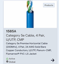 Belden 1585A Cat5e CMP Plenum 4PR 24 AWG 250 ft Gray Bulk Cable picture