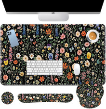 Black Florals Keyboard Mouse Pad Set Colorful Wildflowers 4In1 Large Mousepad+Ke picture