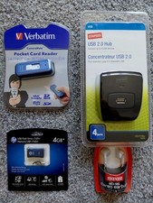 New - Verbatim Card Reader, STAPLES 2.0, HP USB 4GB Flash Drive & Maxell Earbuds picture