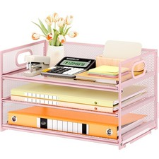 Paper Letter Tray Organizer 3 Tier Pink Metal Mesh File Folder SUBEKYU Desk Home picture