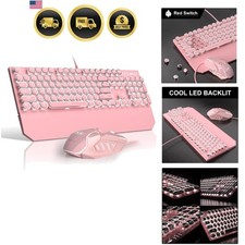 Retro Pink Typewriter-Style Keyboard and Mouse Combo, Cute Light Up Wired Mec... picture