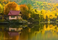 Landscape fall reflection house lake calm idyllic Custom Gaming Mat Desk picture