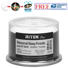 50 Ritek Pro CD-R 52X 700MB Water Resistant Glossy White Inkjet Printable Disc picture