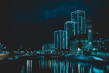 Landscape city night neon blue river water reflection Custom Gaming Mat Desk picture