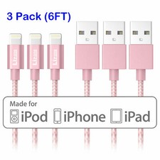 3X Lightning Cable 6Ft iPhone iPad iPod Charger Cord MFi Certified Nylon Rose picture