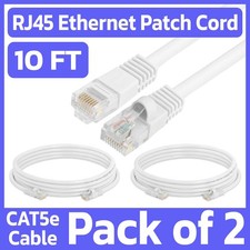 2 Pack White Cat5e Ethernet Patch Cable 10ft RJ45 Network Cord Internet Wire picture