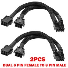 2X Dual 6 Pin Female to 8 Pin Male GPU Adapter Cable Braided Sleeved 20cm USA picture