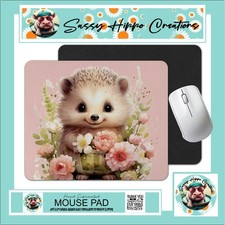 Mouse Pad Cute Hedgehog Holding Flowers Pink Anti Slip Easy Clean Sublimated picture