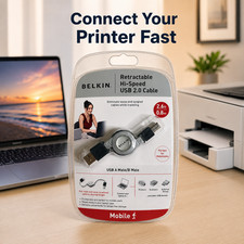 Belkin Hi-Speed USB 2.0 Retractable Cable A Male to B Male 2.6ft New Sealed picture