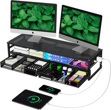 2-Tier Metal Dual Monitor Stand with USB & 2 Drawers, Black picture