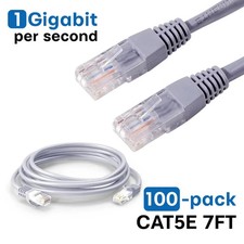 Pack of 100 Cat5e Ethernet Cable 7 ft Gray RJ45 LAN Network Gigabit Patch Cord picture