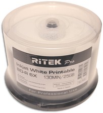 50-Pak 25GB Ritek Pro White Inkjet Hub Printable BLU-RAY BD-R's in Cakebox picture