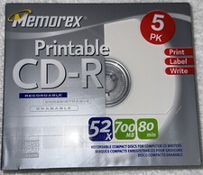 Memorex 5PK Printable(White) Blank CD-R 80min 700MB 52x New Factory Sealed picture