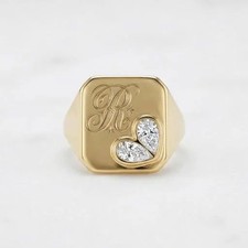 Heart Diamond Initial Signet Ring, Personalized Monogram Ring, Romantic Initial picture