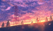 Landscape field clouds trees sky bicycle anime girls Custom Gaming Mat Desk picture