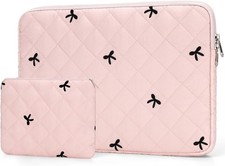 Quilted Laptop Sleeve 12.5-13 Inch, Bow Embroidery with Pouch, Pink picture