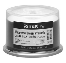 100 Ritek Pro CD-R 52X 700MB Water Resistant Glossy White Inkjet Printable Disc picture
