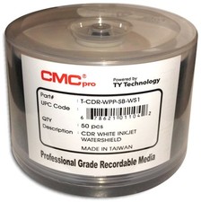 50-Pak CMC PRO =WATERSHIELD & GLOSSY= White Inkjet Hub 52X 80-Min CD-R's picture