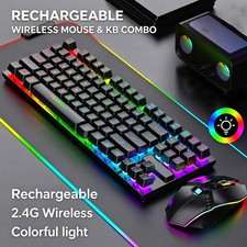 Rechargeable Wireless Gaming Keyboard & Mouse Combo 87 Keys Rainbow RGB Backlit picture