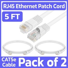 2 Pack White Cat5e Ethernet Patch Cable 5ft RJ45 Network Cord LAN Internet Wire picture