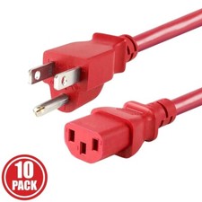 10x 2FT PC Computer Monitor Power Cord Cable NEMA 5-15P To IEC C13 18AWG 10A Red picture