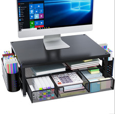 3-Tier Monitor Stand Riser with Drawer & Pen Holders, Desk Organizer, Black picture