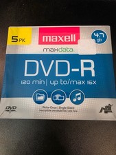 5 Pack Maxell DVD-R 4.7GB 16X Jewel Case Data Video 120 Minutes New/Sealed picture