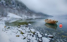Landscape nature snow lake mountains winter boat mist Custom Gaming Mat Desk picture