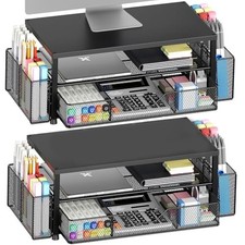 2-Pack Desk Organizer Riser with Drawer, 2 Pen Holders, Black Office Stand picture