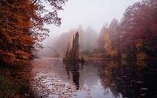 Landscape river bridge mist fall fallen leaves red Custom Gaming Mat Desk picture