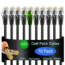 10 PCS 10 Ft Cat6 Ethernet Network Patch Cable 10G Compatible Cord Black picture