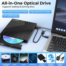 AGPTEK 7 in 1 External CD/DVD Drive for Laptop Portable with Network Adapter USB picture