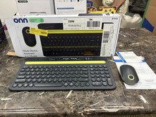 onn Multi-Device Wireless Full-Size Keyboard and 3-Button Mouse Set,Gray &Yellow picture