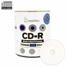 100 Smartbuy CD-R 52X 700MB/80Min White Inkjet Printable Blank Recording Disc picture