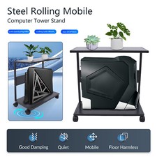 2-Tier Metal PC Desktop Holder CPU Stand Computer Tower w/ Lockable Caster Wheel picture