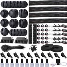Elegant Black Cable Organizer Kit: 4 Sleeves, 2 Rolls & 100 Ties for Home/Office picture
