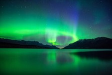 Landscape nebula reflection mountains night lake alberta Custom Gaming Mat Desk picture