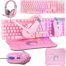 Pink Gaming Keyboard Mouse Headset Mat Set Rgb Light Up Accessories Gift Box picture