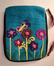 Felted Wool Embroidered IPAD or Tablet Bag Turquoise Daisies Boho 8.5 x 11.5 picture