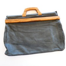 Genuine Leather Soft Sided Briefcase Bag 17x12 inch Navy Blue Wood Handle VTG picture