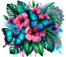TROPICAL BLUE BUTTERFLY HIBISCUS FLORAL MANDALA COMPUTER MOUSE PAD  9.14 x 7.75 picture
