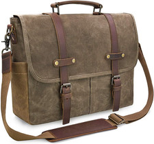 Men S Waterproof Leather Messenger Bag 15.6 Inch Vintage Waxed Canvas Briefcase picture