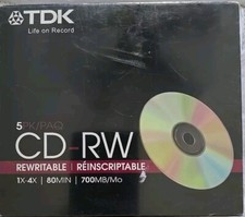 TDK CD-RW 5 Pack, 1x-4x, 80 min, 700MB Rewritable Media Discs (New/Sealed) picture