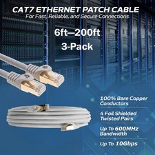 3-Pack CAT7 S/FTP Ethernet Patch Cord 600MHz Network Cable 6FT-200FT Gray Lot picture