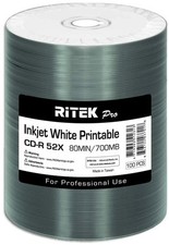 100-Pak Ritek PRO White Inkjet Hub Printable 52X 80-Min CD-R's in Tapewrap picture