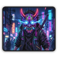 Neon Oni Mask Gaming Mouse Pad | Cyberpunk Samurai Street Scene picture