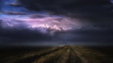 Landscape nature dirt road mountains dark clouds snowy Custom Gaming Mat Desk picture