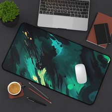 Teal Abstract Ink Swirl Desk Mat | Galaxy Brushstroke Mousepad picture