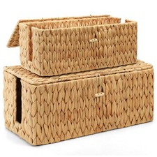 2 PCS Cable Management Box With Lid Handwoven Water Hyacinth Cord Hider Desk picture