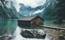 Landscape lake boathouses mountains clouds nature Custom Gaming Mat Desk picture
